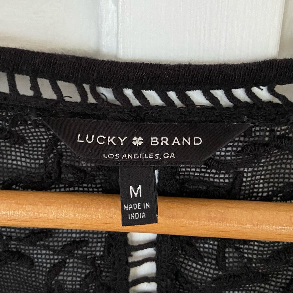 {Lucky Brand} Black Long Sleeve Shirt with Flare Sleeves and Lace Design - M - Picture 5 of 6